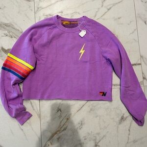 Band New Aviator Nation Bolt Rugby Stitch Cropped Crew Sweatshirt Neon Purple